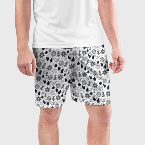 Мужские шорты спортивные Чёрно - белый новогодний узор, цвет 3D печать - фото 3