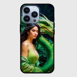 Чехол для iPhone 13 Pro Нейросеть - девушка с зелёным драконом