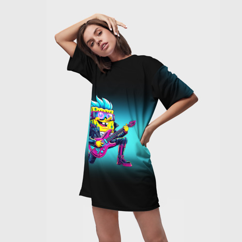 Платье-футболка 3D Sponge Bob - rock guitarist - ai art, цвет 3D печать - фото 3