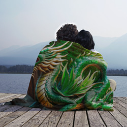 Плед с принтом Нейросеть - зелёный деревянный дракон для любого человека, вид спереди №3. Цвет основы: 3d (велсофт)