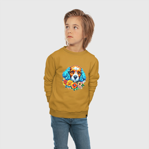 Детский свитшот хлопок Спаниель в цветах, цвет горчичный - фото 5