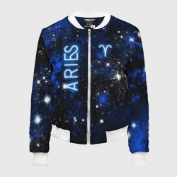 Женский бомбер 3D Знак зодиака Овен на тёмном фоне со звёздами