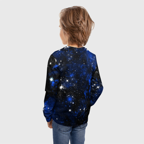 Детский лонгслив 3D с принтом Знак зодиака Овен на тёмном фоне со звёздами, вид сзади #2