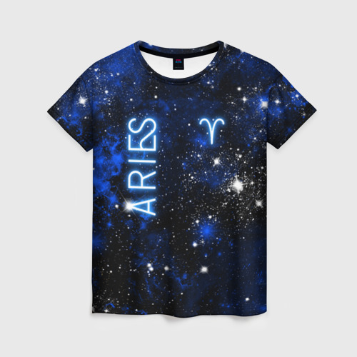 Женская футболка 3D с принтом Знак зодиака Овен на тёмном фоне со звёздами, вид спереди #2