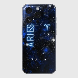 Чехол для iPhone 15 Pro Max силиконовый с защитой камеры Знак зодиака Овен на тёмном фоне со звёздами