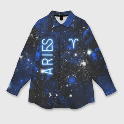 Женская рубашка oversize 3D Знак зодиака Овен на тёмном фоне со звёздами