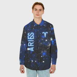 Мужская рубашка oversize 3D Знак зодиака Овен на тёмном фоне со звёздами - фото 2