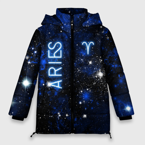 Женская зимняя куртка 3D с принтом Знак зодиака Овен на тёмном фоне со звёздами, вид спереди #2