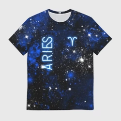 Мужская футболка 3D Знак зодиака Овен на тёмном фоне со звёздами