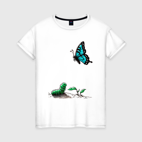 Женская футболка из хлопка с принтом Гусеница и бабочка, вид спереди №1
