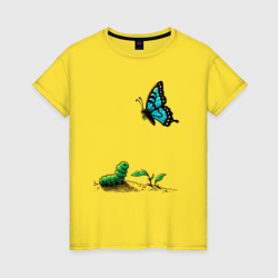 Гусеница и бабочка – Женская футболка хлопок с принтом купить со скидкой в -20%