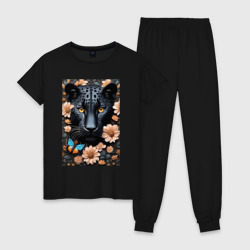 Женская пижама хлопок Чёрный ягуар в цветах - нейросеть