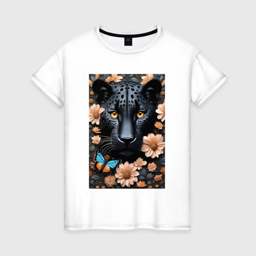 Женская футболка из хлопка с принтом Чёрный ягуар в цветах - нейросеть, вид спереди №1