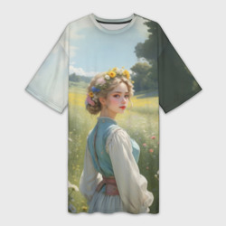 Платье-футболка 3D Девушка с цветочным венком