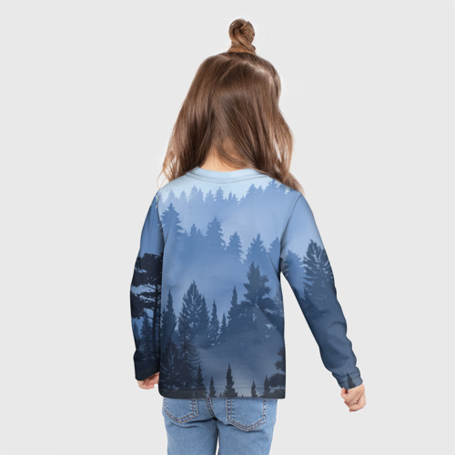 Детский лонгслив 3D с принтом Пейзаж синий лес, вид сзади #2
