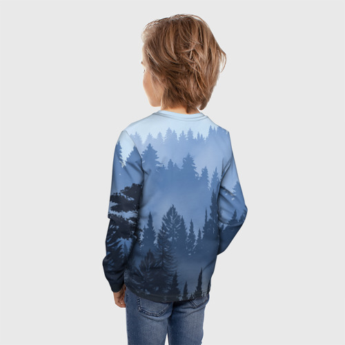 Детский лонгслив 3D с принтом Пейзаж синий лес, вид сзади #2