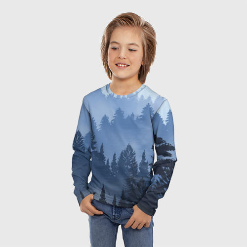 Детский лонгслив 3D с принтом Пейзаж синий лес, фото на моделе #1