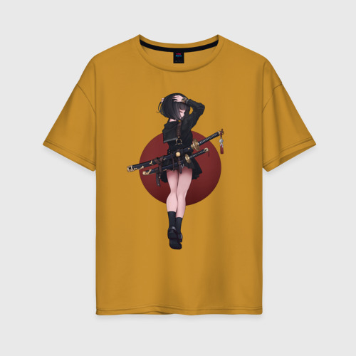 Женская футболка хлопок Oversize Самурай тян, цвет горчичный