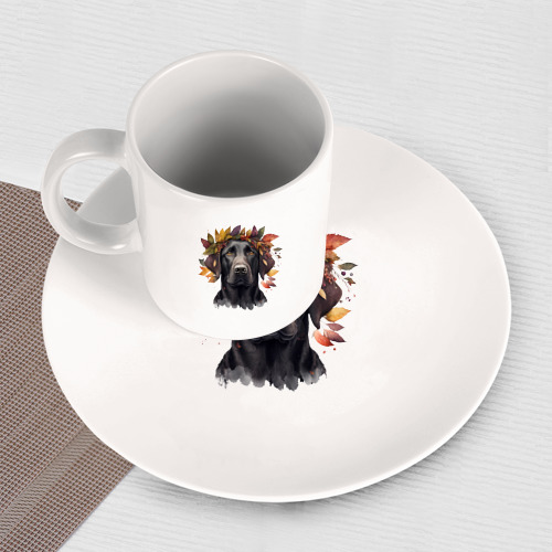 Набор: тарелка + кружка Лабрадор черный в венке осенних листьев - фото 3