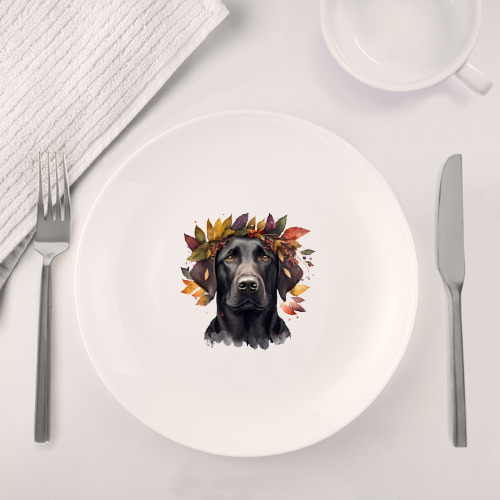 Набор: тарелка + кружка Лабрадор черный в венке осенних листьев - фото 4
