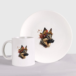 Набор: тарелка + кружка Немецкая овчарка в венке осенних листьев