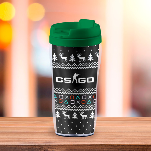 Термокружка-непроливайка CS GO новогодний свитер с оленями, цвет зеленый - фото 3