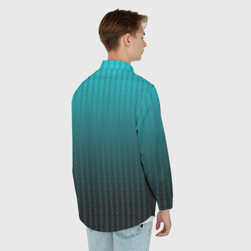 Мужская рубашка oversize 3D с принтом Градиент бирюзовый полосы-цепочки, вид сзади #2