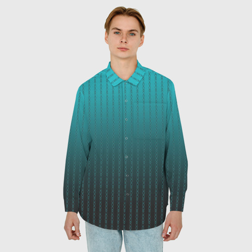 Мужская рубашка oversize 3D с принтом Градиент бирюзовый полосы-цепочки, фото на моделе #1