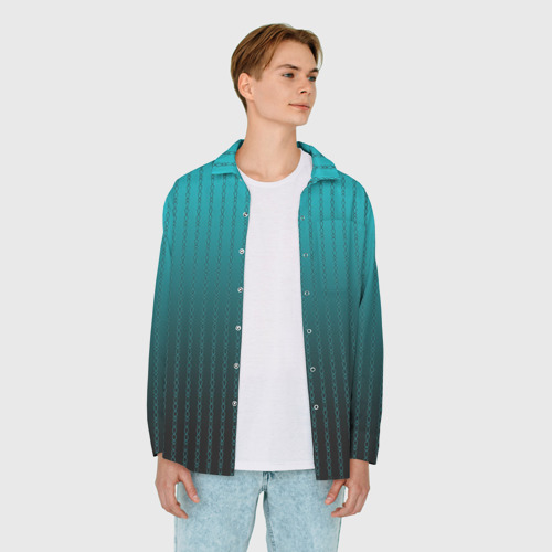 Мужская рубашка oversize 3D с принтом Градиент бирюзовый полосы-цепочки, вид сбоку #3