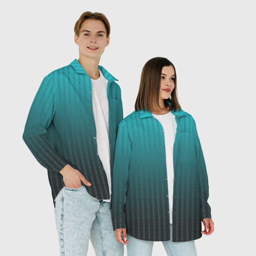 Мужская рубашка oversize 3D с принтом Градиент бирюзовый полосы-цепочки, фото #4