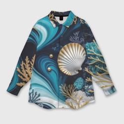 Мужская рубашка oversize 3D Кораллы и ракушки на бирюзовой глубине