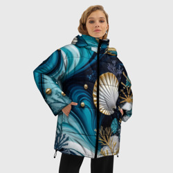 Женская зимняя куртка Oversize Кораллы и ракушки на бирюзовой глубине - фото 2