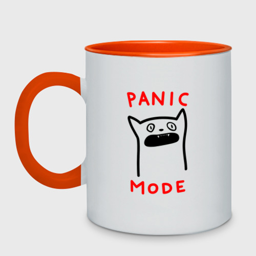 Кружка двухцветная с принтом Panic mode - котик, вид спереди #2