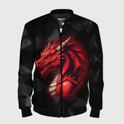 Мужской бомбер 3D Красный дракон на полигональном черном фоне