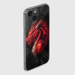 Чехол для iPhone 15 силиконовый с защитой камеры Красный дракон на полигональном черном фоне - фото 2