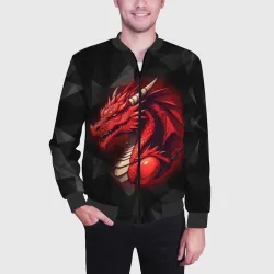 Мужской бомбер 3D Красный дракон на полигональном черном фоне - фото 2