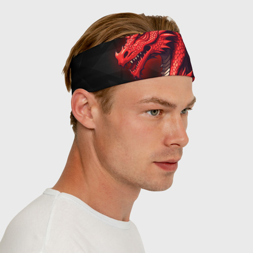 Повязка на голову 3D Красный дракон на полигональном черном фоне - фото 6