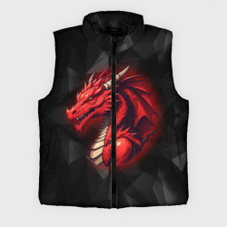 Мужской жилет утепленный 3D Красный дракон на полигональном черном фоне