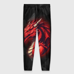 Женские брюки 3D Красный дракон на полигональном черном фоне