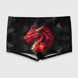 Мужские купальные плавки 3D Красный дракон на полигональном черном фоне