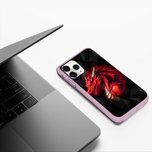 Чехол для iPhone 11 Pro матовый Красный дракон на полигональном черном фоне, цвет розовый - фото 5