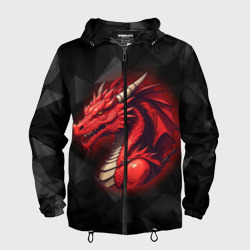 Мужская ветровка 3D Красный дракон на полигональном черном фоне