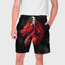 Мужские шорты 3D Красный дракон на полигональном черном фоне