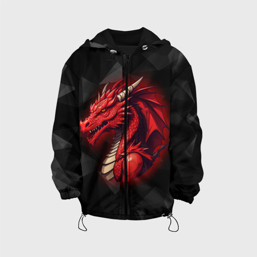 Детская куртка 3D Красный дракон на полигональном черном фоне, цвет черный