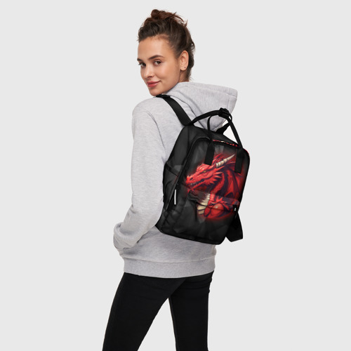 Женский рюкзак 3D Красный дракон на полигональном черном фоне - фото 3
