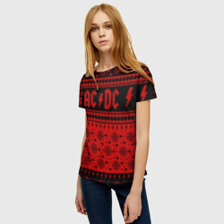 Футболка с принтом AC/DC christmas sweater для женщины, вид на модели спереди №2. Цвет основы: белый
