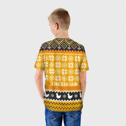 Детская футболка 3D с принтом Chicken gun christmas sweater, вид сзади #2