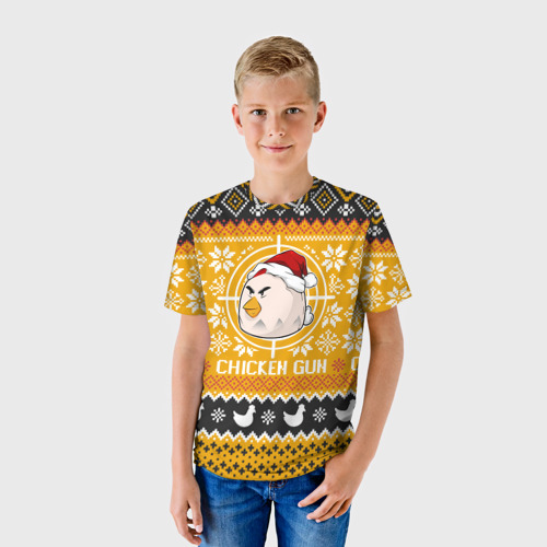 Детская футболка 3D с принтом Chicken gun christmas sweater, фото на моделе #1
