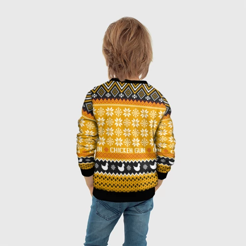 Детский свитшот 3D с принтом Chicken gun christmas sweater, вид сзади #2