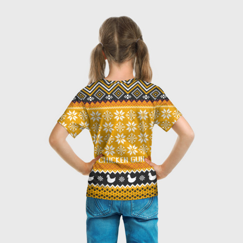 Детская футболка 3D с принтом Chicken gun christmas sweater, вид сзади #2